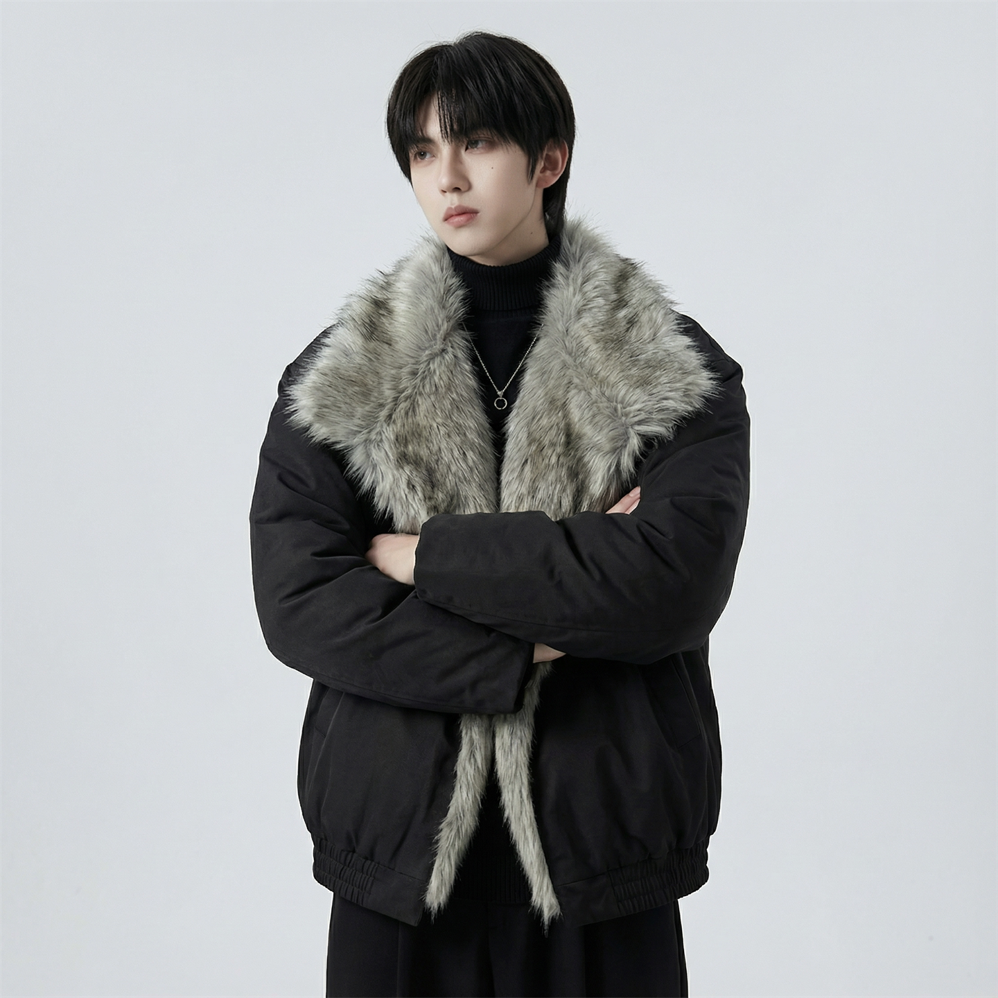 现货 冬季大毛领加厚夹棉黑锻拼接棉服外套 M1654-P168图片