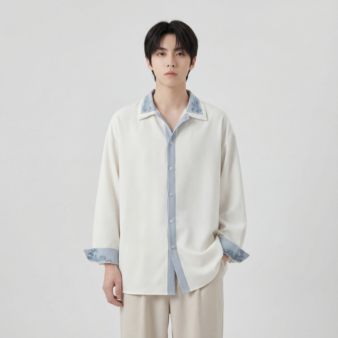 现货潮衬衫小众刺绣长袖衬衣新中式情侣外套DY877-P68，男装衬衫，星座1017