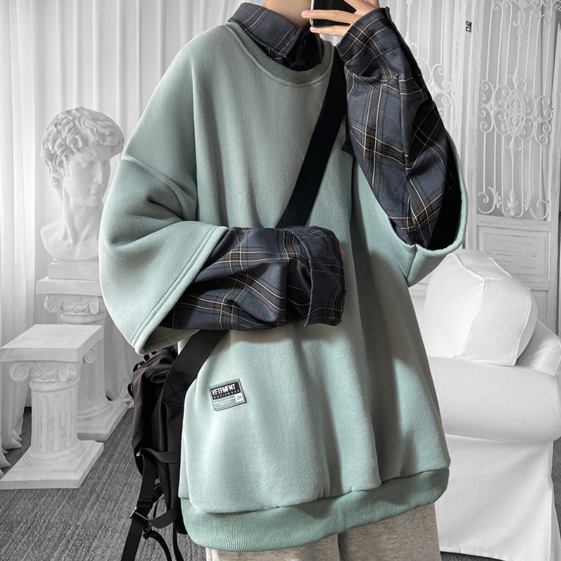 2025假两件卫衣衬衫领复古vibe格子美式外套A5613-P65，男装衬衫，星座1017