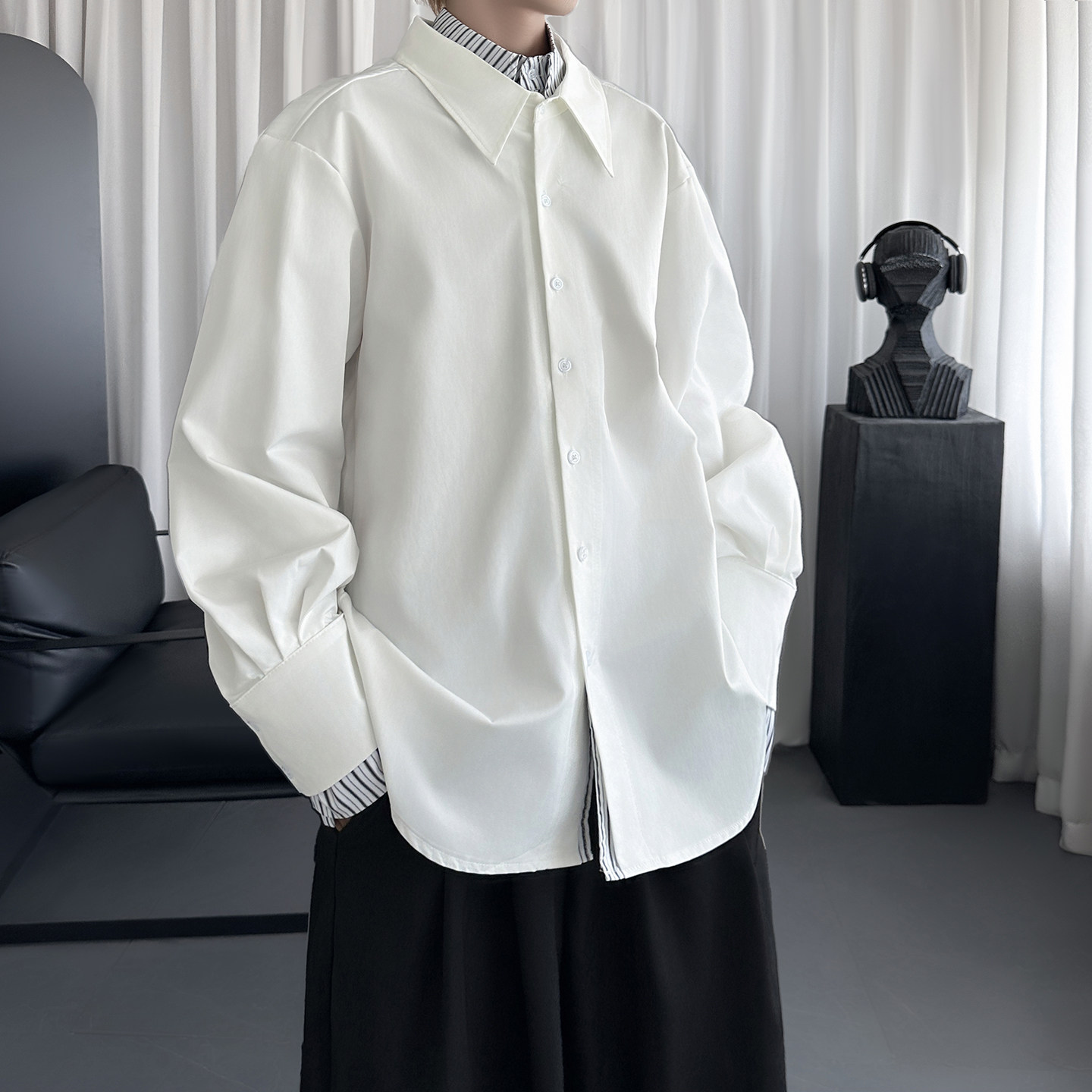 设计感假两件拼接衬衫男宽松痞帅情侣衬衣外套潮 D2535-P88图片