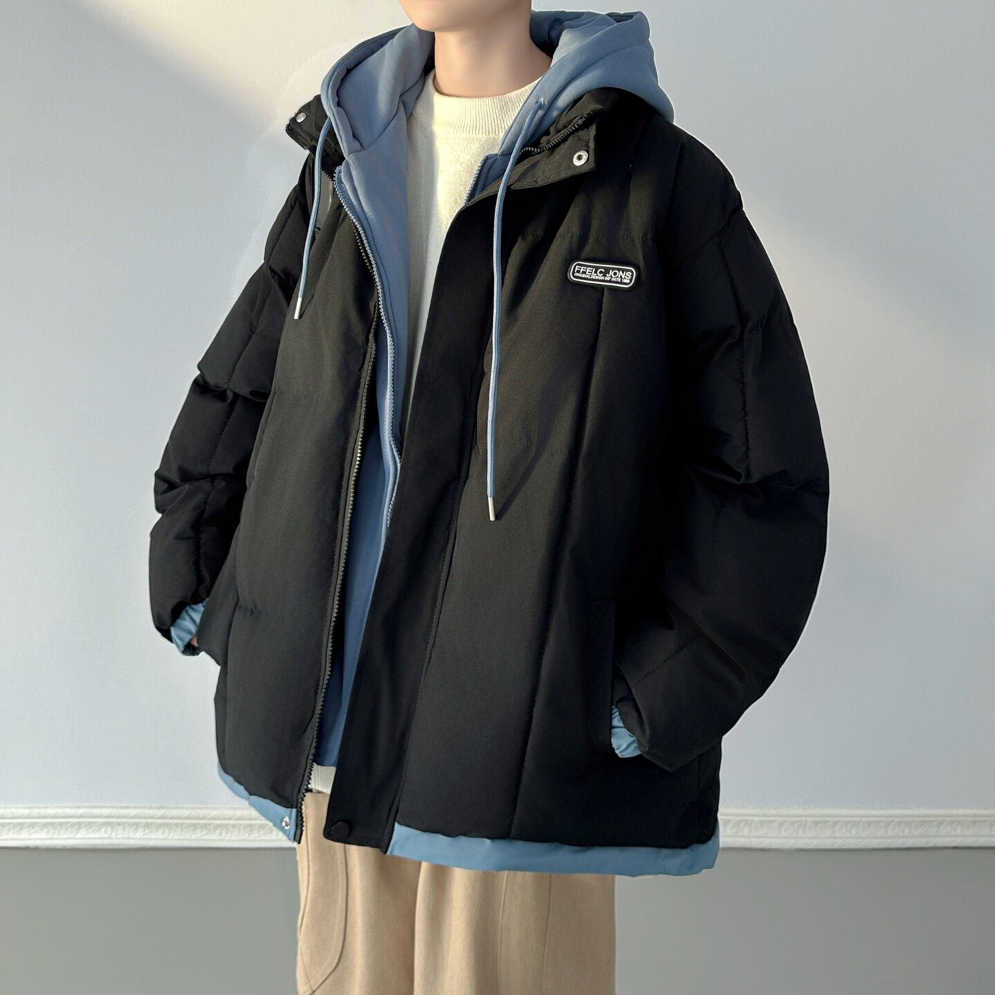 现货 冬季休闲时尚潮流假两件套连帽保暖棉服 M030-P100图片