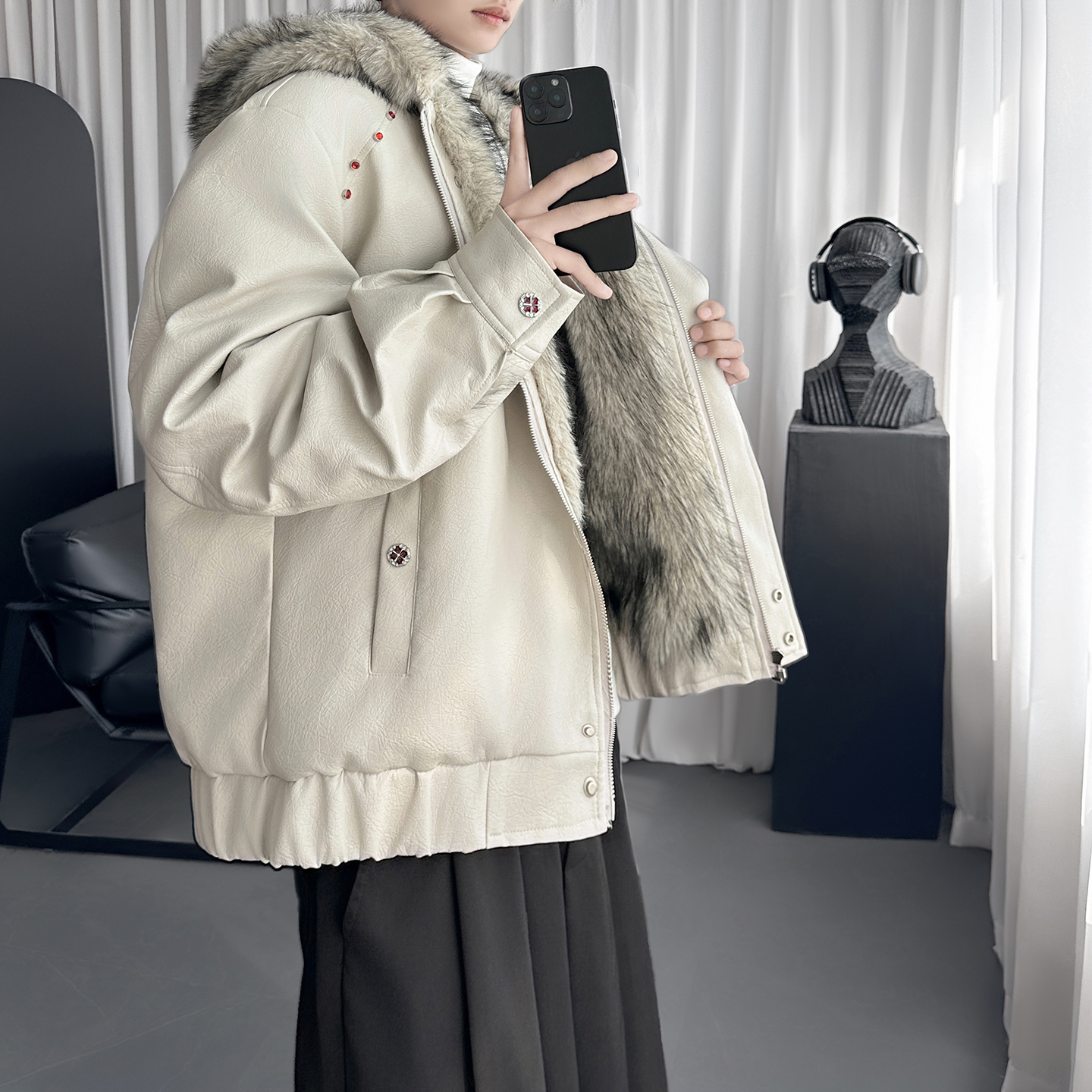 重磅座山雕加绒加厚皮衣连帽毛领棉服短宽外套M3181-P158，男装皮衣，星座1017