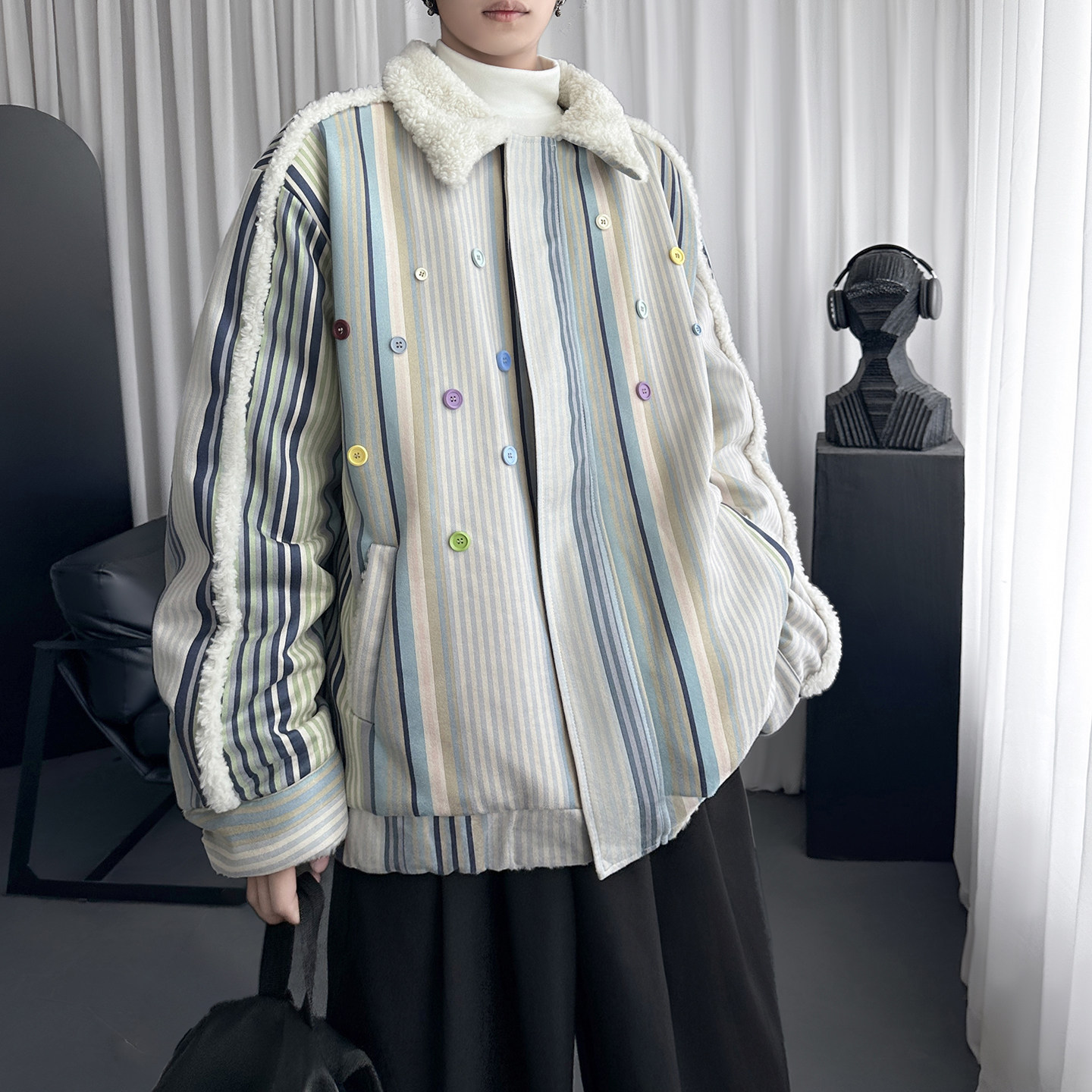 复古条纹羊羔毛棉服外套加厚宽松棒球服夹棉夹克棉衣W2311-P138,男装夹克,星座1017