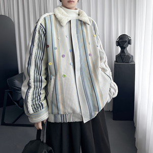 复古条纹羊羔毛棉服外套加厚宽松棒球服夹棉夹克棉衣 W2311-P138图片