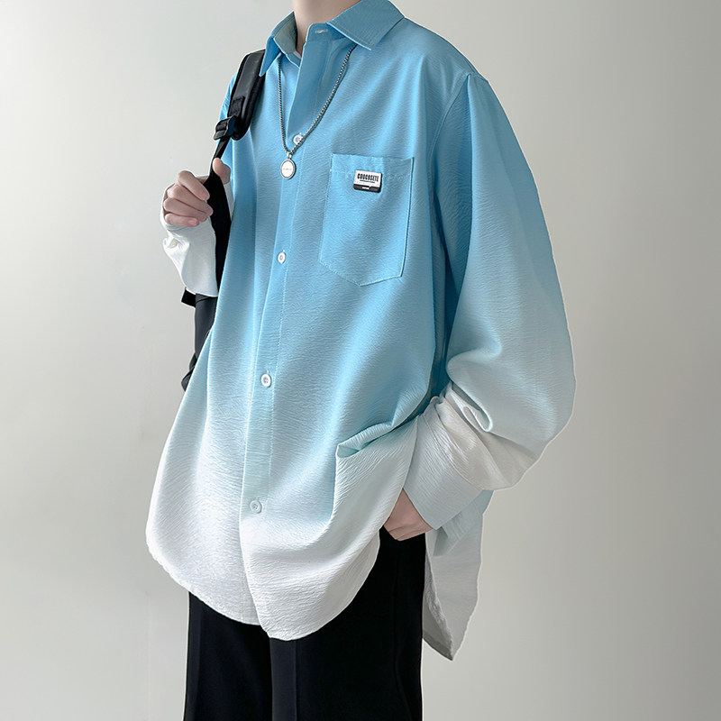 wassuphappy渐变长袖衬衫男春秋季2025新款潮牌宽松休闲衬衣外套,男装衬衫,星座1017