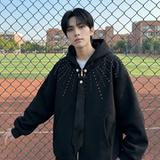 现货烫钻可拆卸领带设计连帽卫衣重磅细闪宽松慵懒外套W2056-P89，女装短外套，星座1017