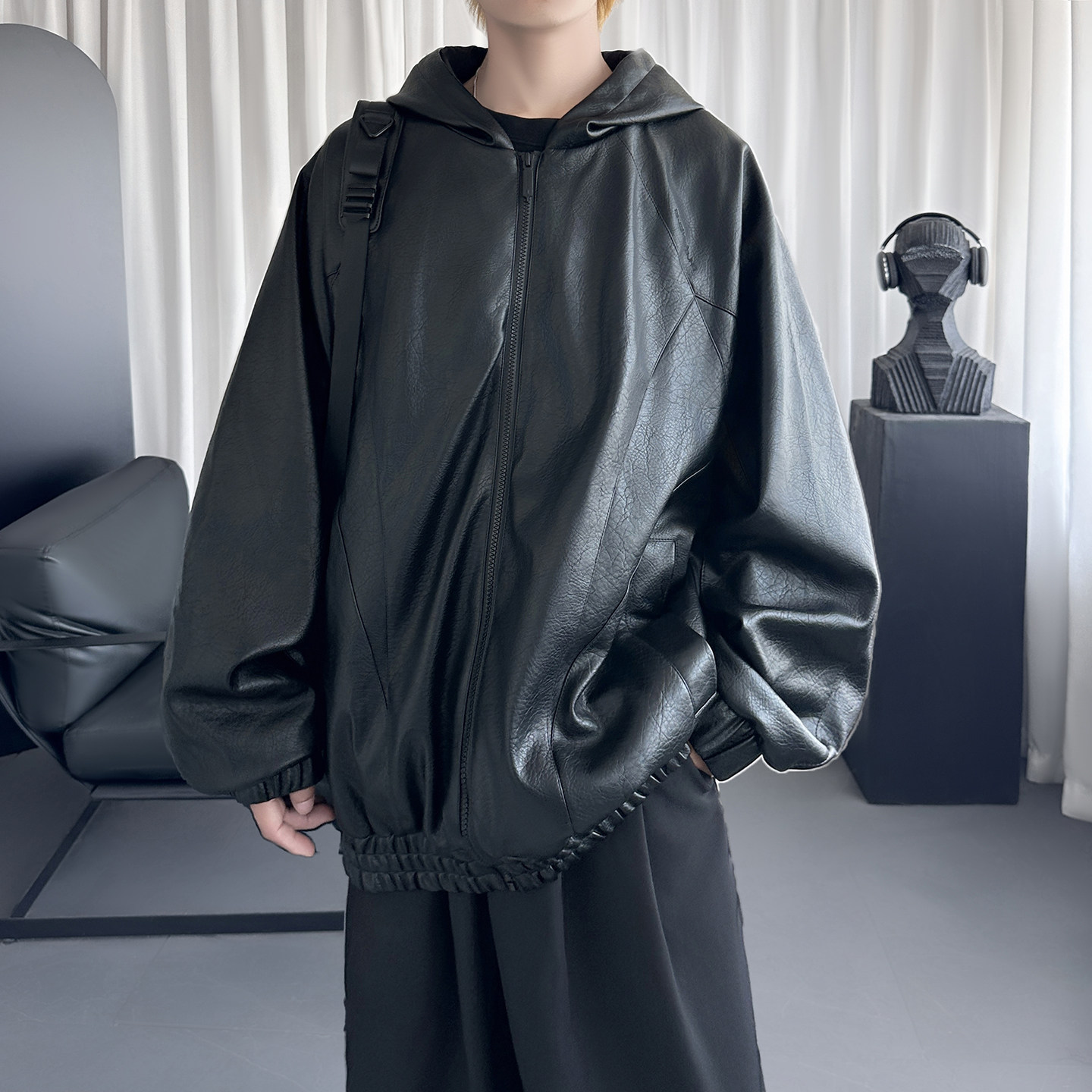 复古连帽皮衣外套男款秋季潮牌痞帅休闲皮夹克外套Q4020-P118,男装夹克,星座1017