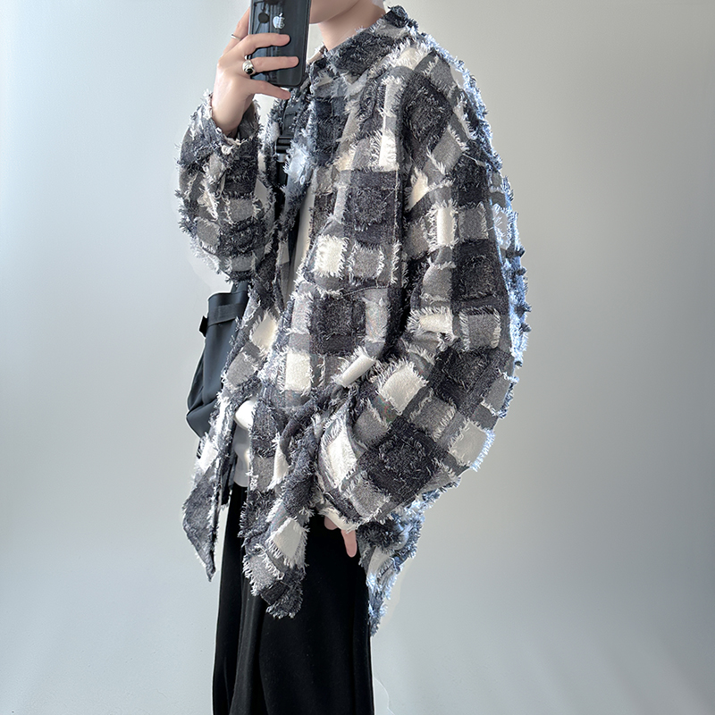 流苏格子长袖衬衫男宽松衬衣复古休闲外套FC83-P55，男装衬衫，星座1017