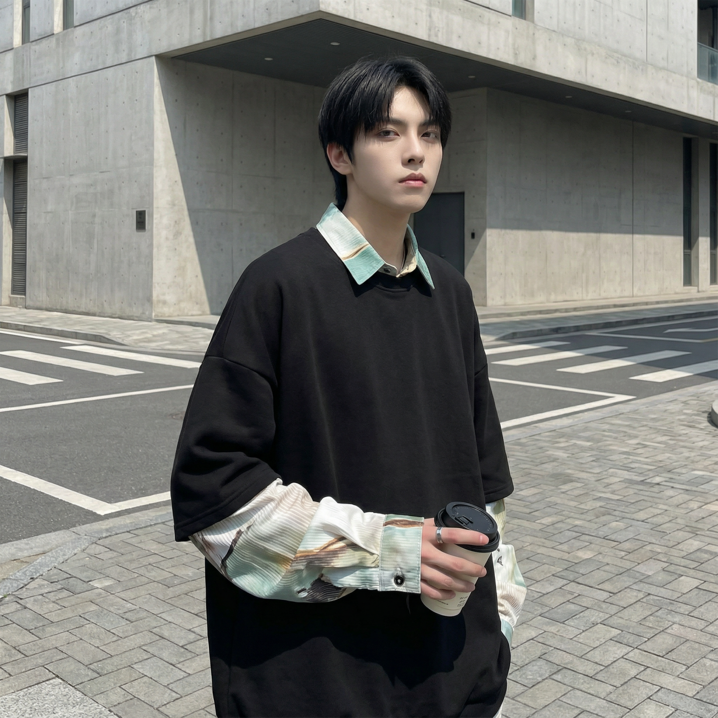 现货慵懒假两件衬衫领卫衣日系情侣碎花上衣A881-P65，男装衬衫，星座1017