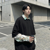 现货慵懒假两件衬衫领卫衣日系情侣碎花上衣A881-P65，男装衬衫，星座1017