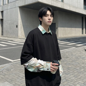 现货慵懒假两件衬衫领卫衣日系情侣碎花上衣 A881-P65，男装衬衫，星座1017