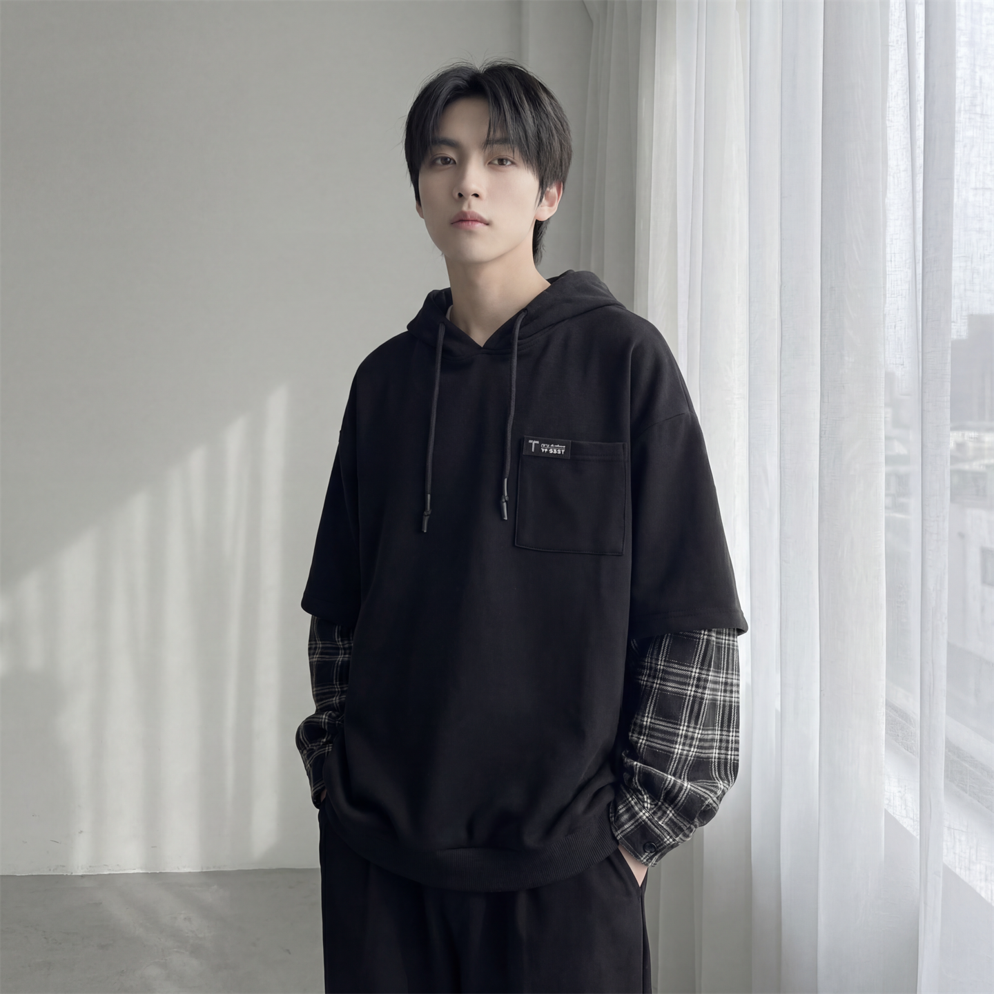 现货春季连帽卫衣男潮牌ins假两件拼接格子慵懒风W8212-P68，男装卫衣，星座1017