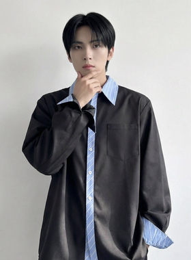 现货 高级感小众设计拼接衬衫男痞帅纯色宽松潮流衬衣 S1858-P68
