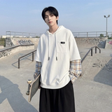 现货春季连帽卫衣男潮牌ins假两件拼接格子慵懒风W8212-P68，男装卫衣，星座1017