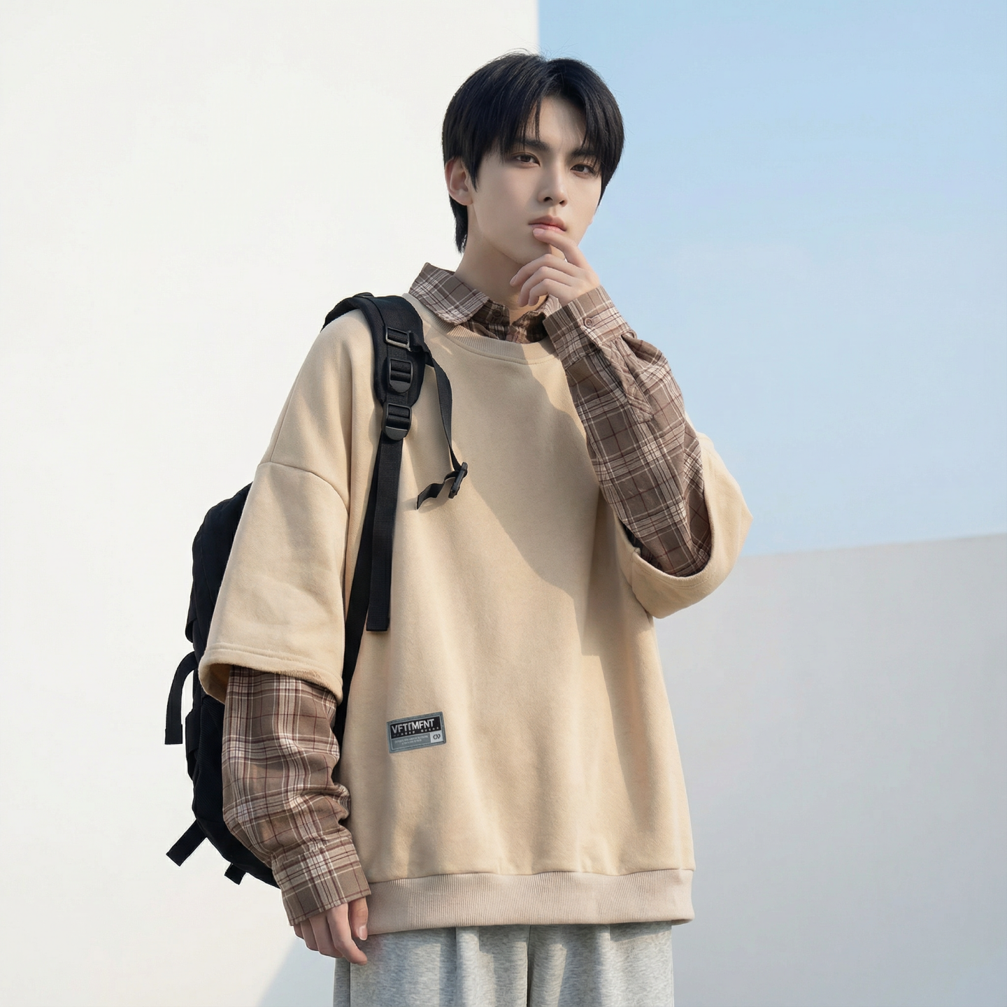 现货2026春款假两件卫衣衬衫领复古vibe格子美式外套A5613-P65，男装衬衫，星座1017