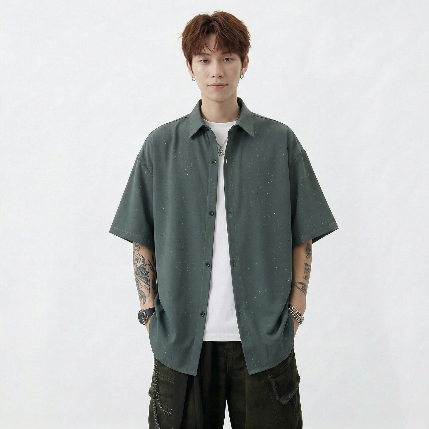 现货短袖休闲衬衫男痞帅七分袖衬衣bf港风 CS2609-P38