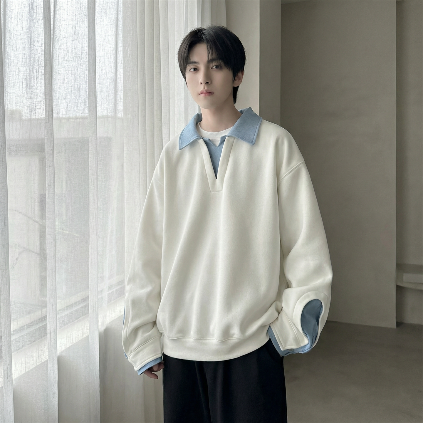 现货春季新款翻领高级感衬衫领上衣长袖卫衣男装潮WY212-P68，男装衬衫，星座1017