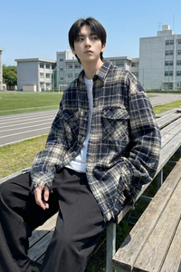 现货 2026春复古美式格子长袖衬衫毛边宽松衬衣 SC245-P58图片