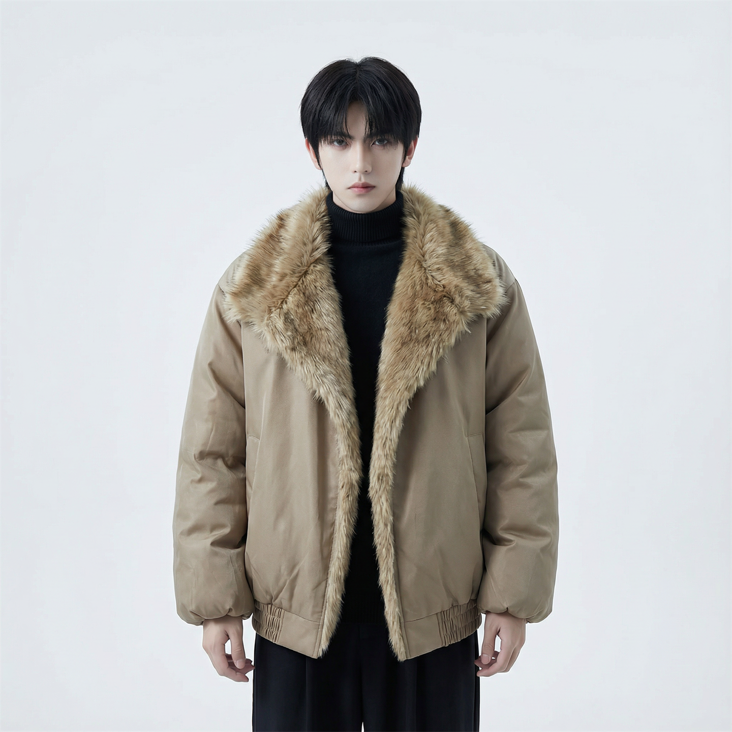 现货冬季大毛领加厚夹棉黑锻拼接棉服外套M1654-P168，男装棉衣，星座1017