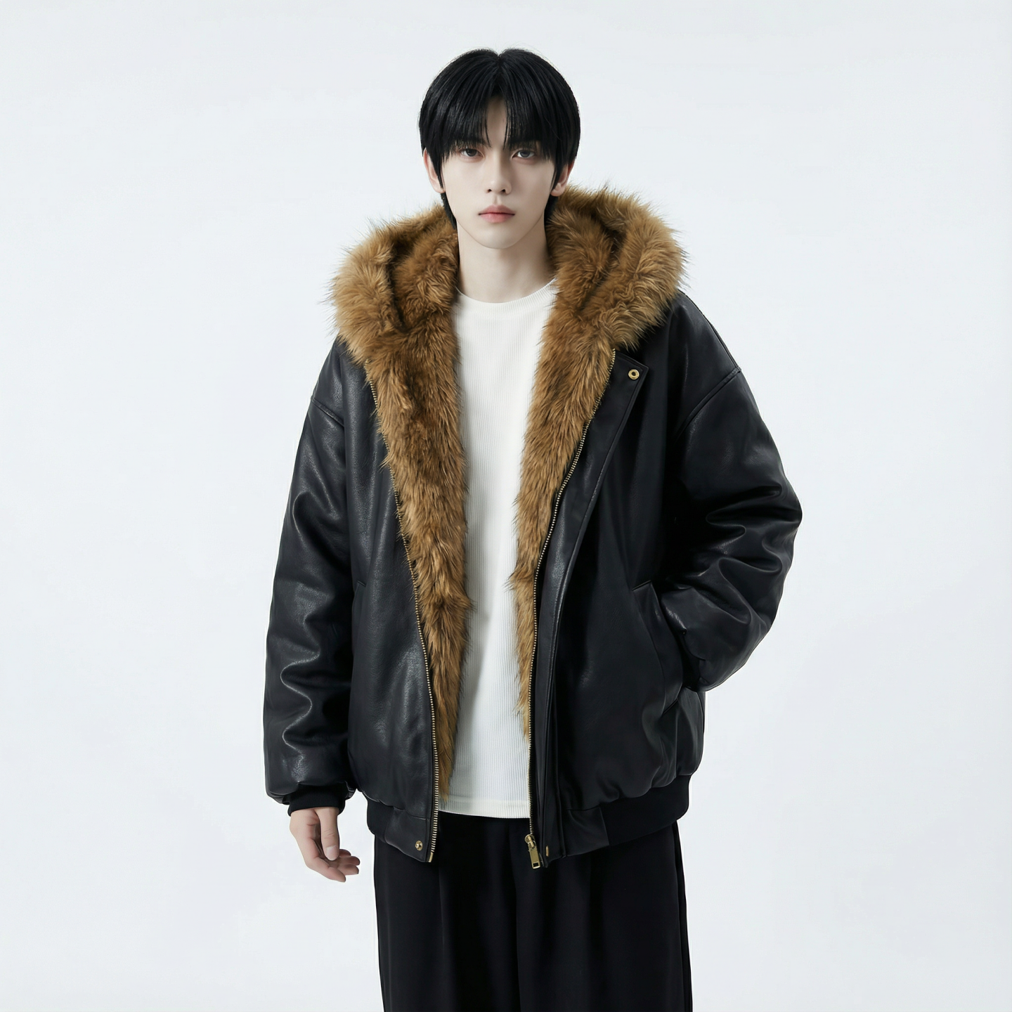 现货痞帅皮衣两面穿外套新款加厚PU皮毛一体机车外套M2483-P138，男装皮衣，星座1017