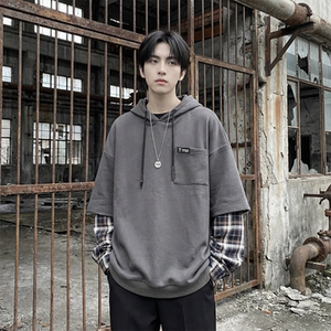 现货 春季连帽卫衣男潮牌ins假两件拼接格子慵懒风 W8212-P68图片