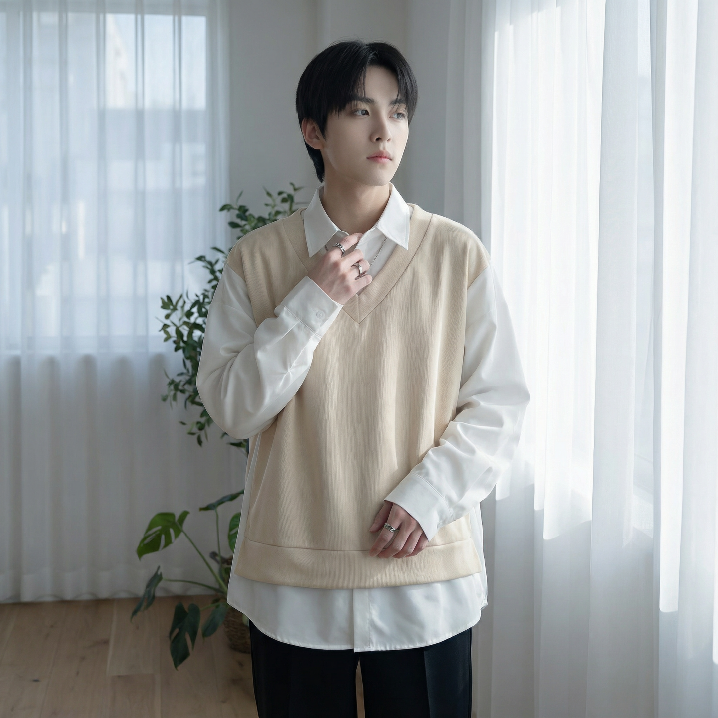 现货假两件长袖衬衫宽松衬衣港风休闲百搭上衣GK25-P58，男装衬衫，星座1017