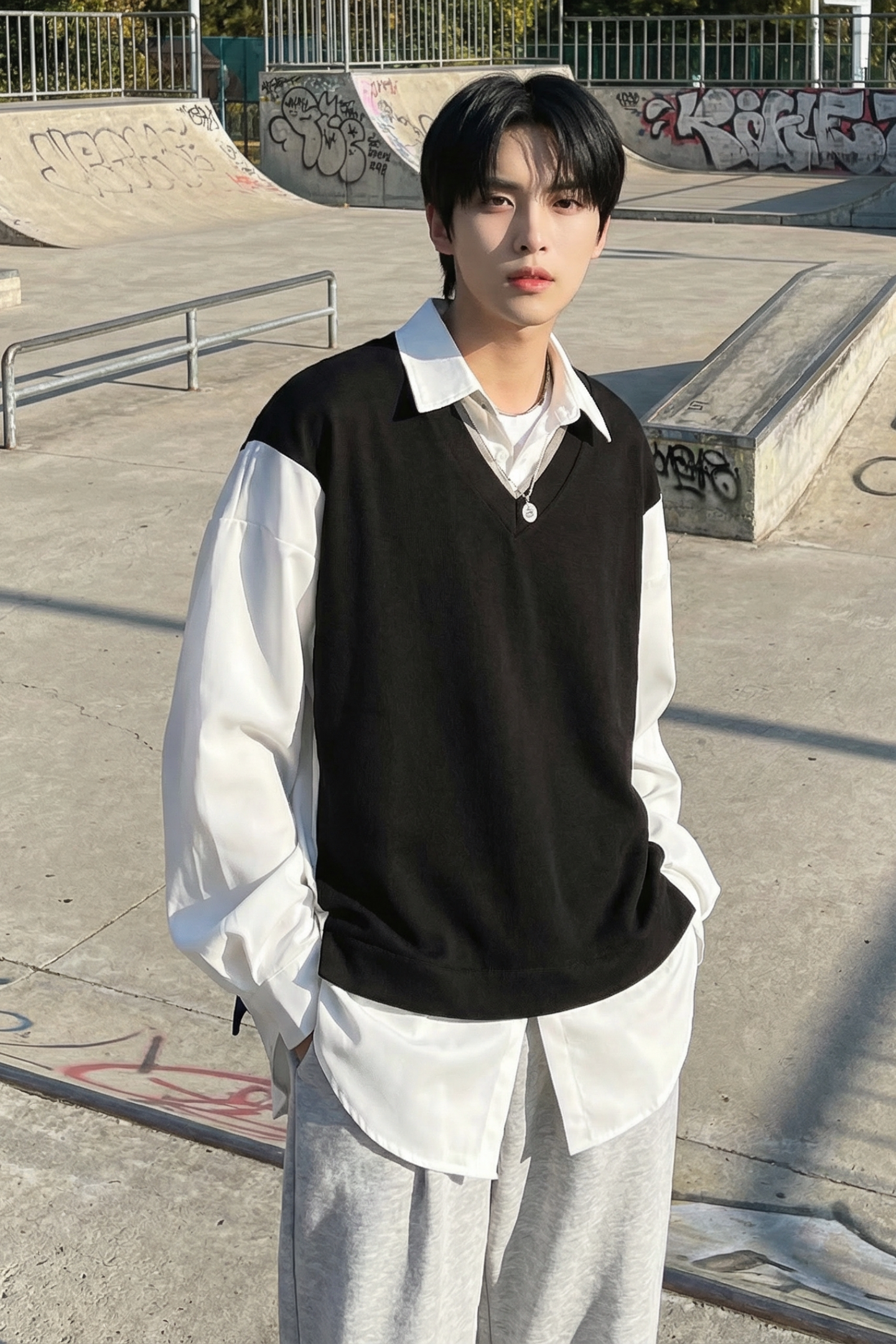 现货假两件长袖衬衫宽松衬衣港风休闲百搭上衣GK25-P58,男装衬衫,星座1017