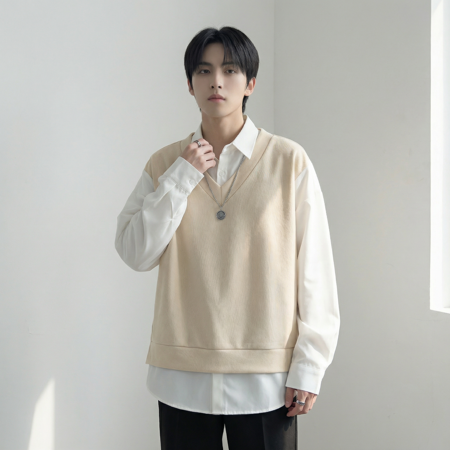 现货假两件长袖衬衫宽松衬衣港风休闲百搭上衣GK25-P58，男装衬衫，星座1017