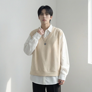 现货假两件长袖衬衫宽松衬衣港风休闲百搭上衣 GK25-P58，男装衬衫，星座1017