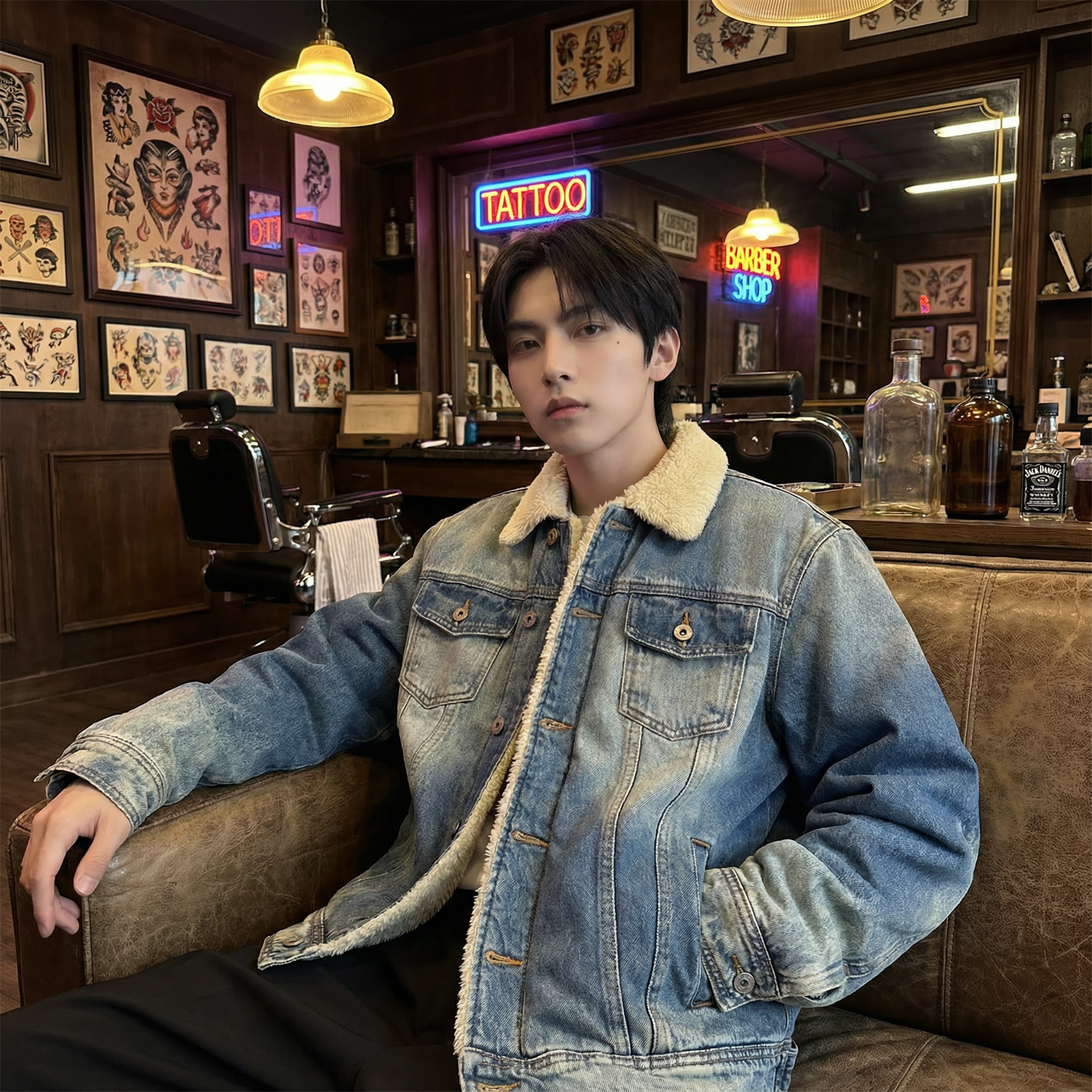 新款现货做旧羊羔绒牛仔外套保暖棉服夹克Q2053-P138，男装工装外套，星座1017