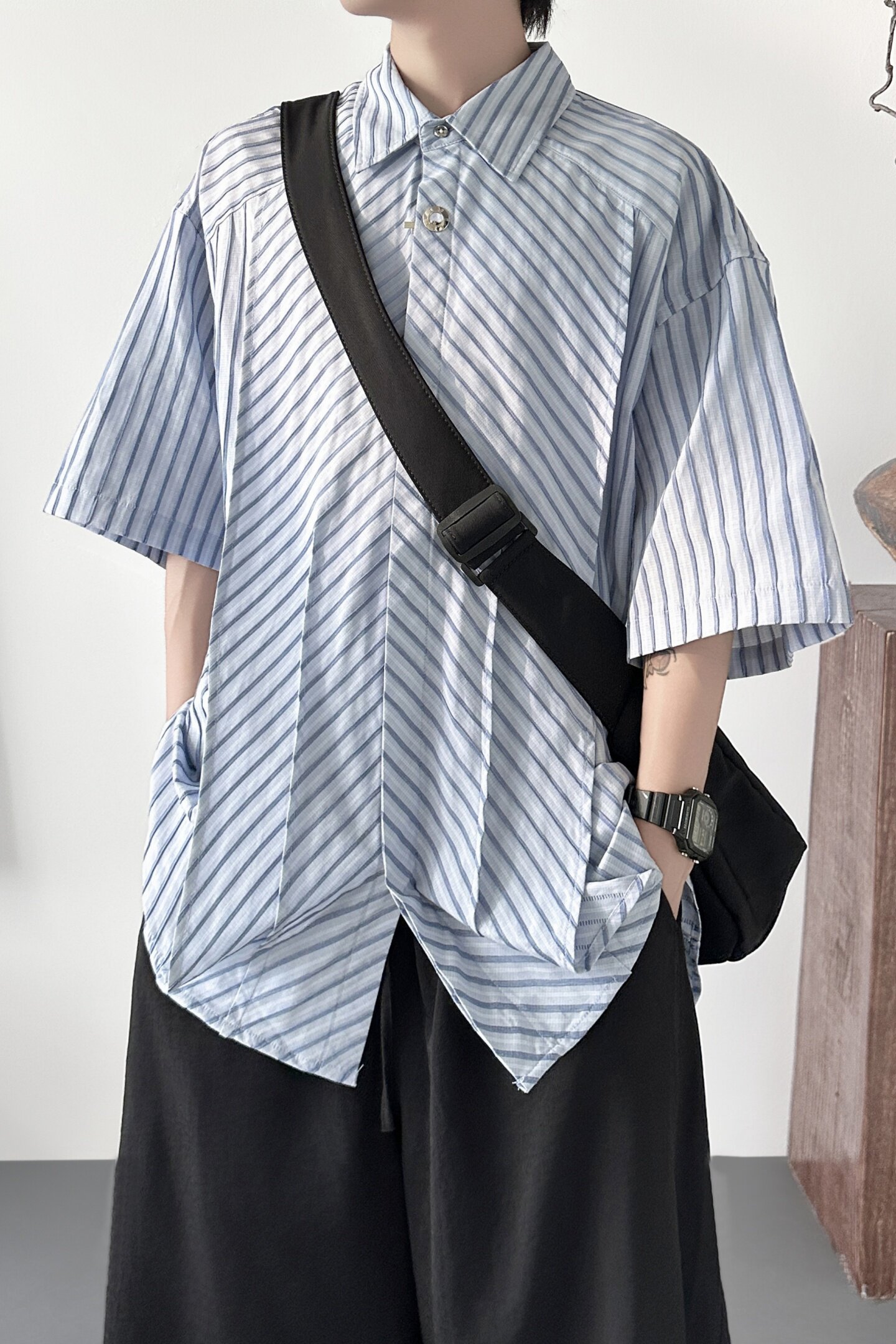 条纹衬衫男款短袖超好看休闲衬衣韩版潮牌上衣AS208-P58,男装T恤,星座1017