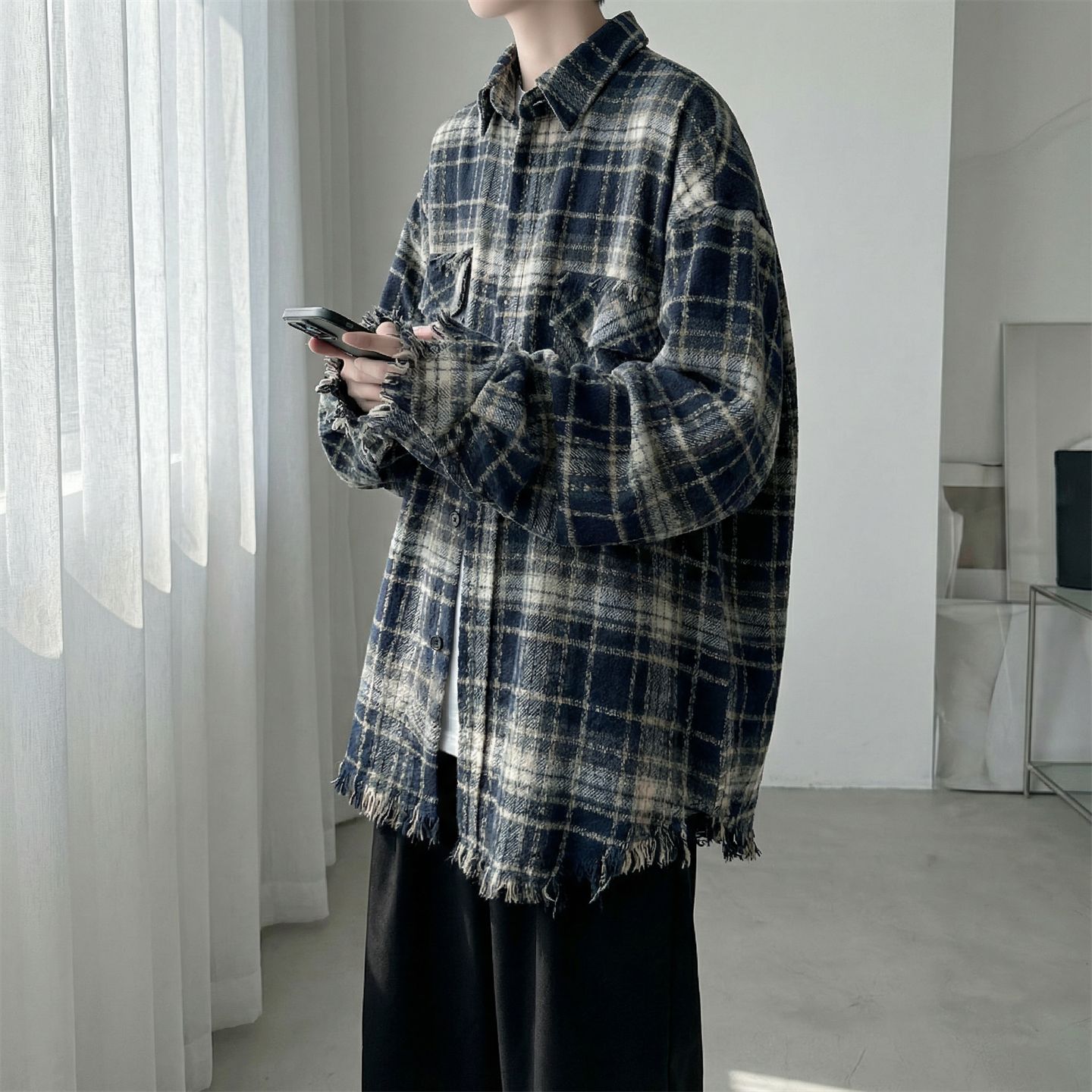 现货2026春复古美式格子长袖衬衫毛边宽松衬衣SC245-P58,男装衬衫,星座1017