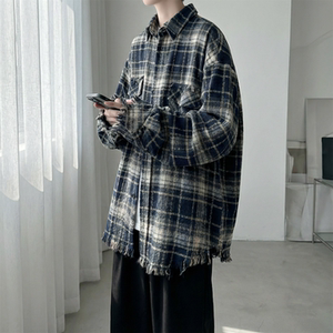 现货 2026春复古美式格子长袖衬衫毛边宽松衬衣 SC245-P58图片