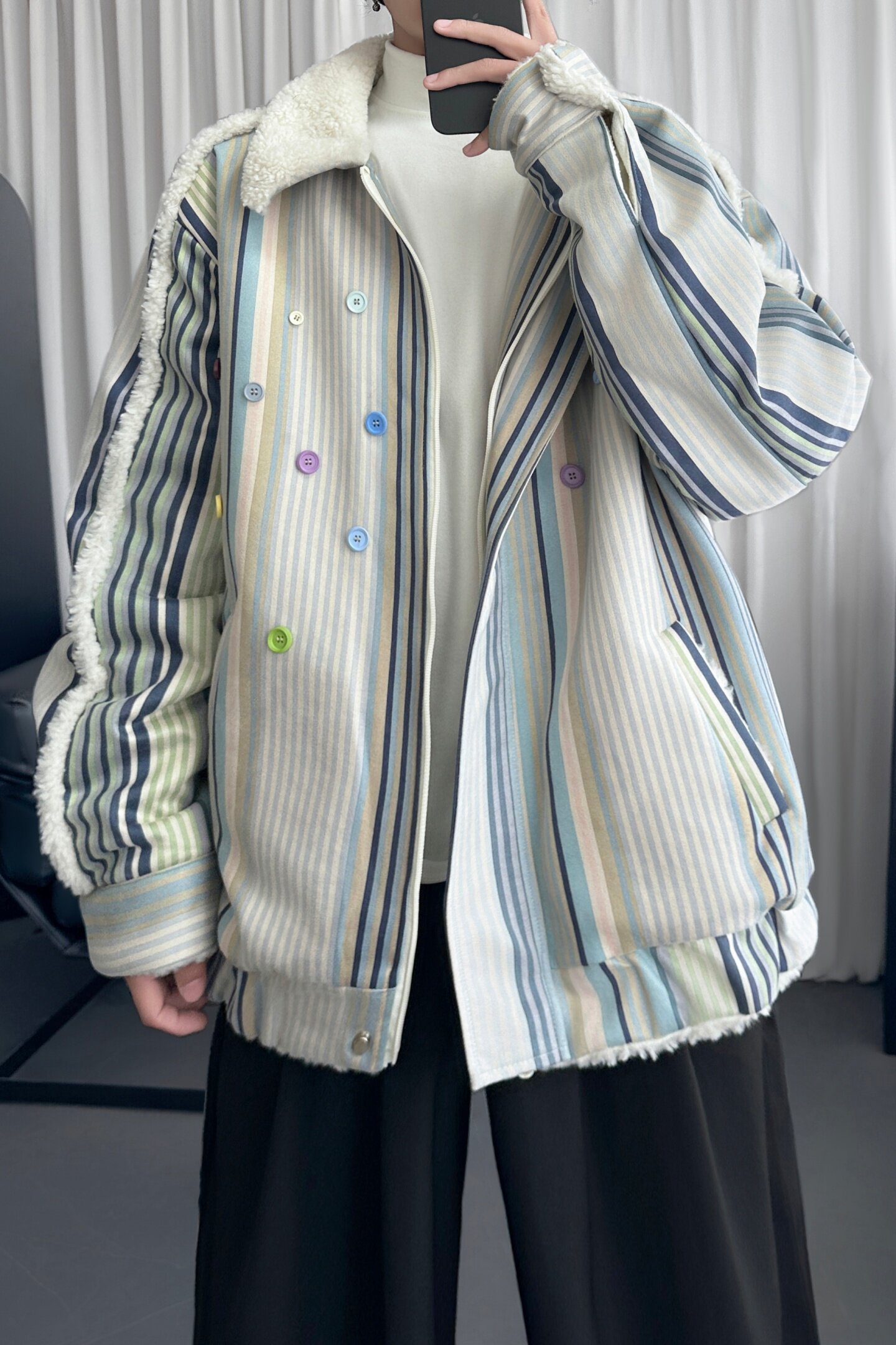 复古条纹羊羔毛棉服外套加厚宽松棒球服夹棉夹克棉衣W2311-P138,男装夹克,星座1017