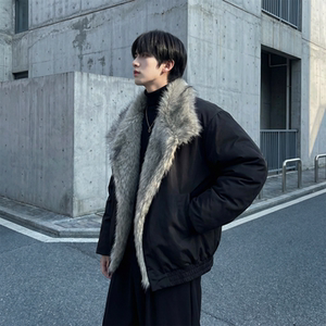 现货冬季大毛领加厚夹棉黑锻拼接棉服外套M1654-P168