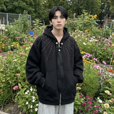 现货烫钻可拆卸领带设计连帽卫衣重磅细闪宽松慵懒外套W2056-P89，女装短外套，星座1017