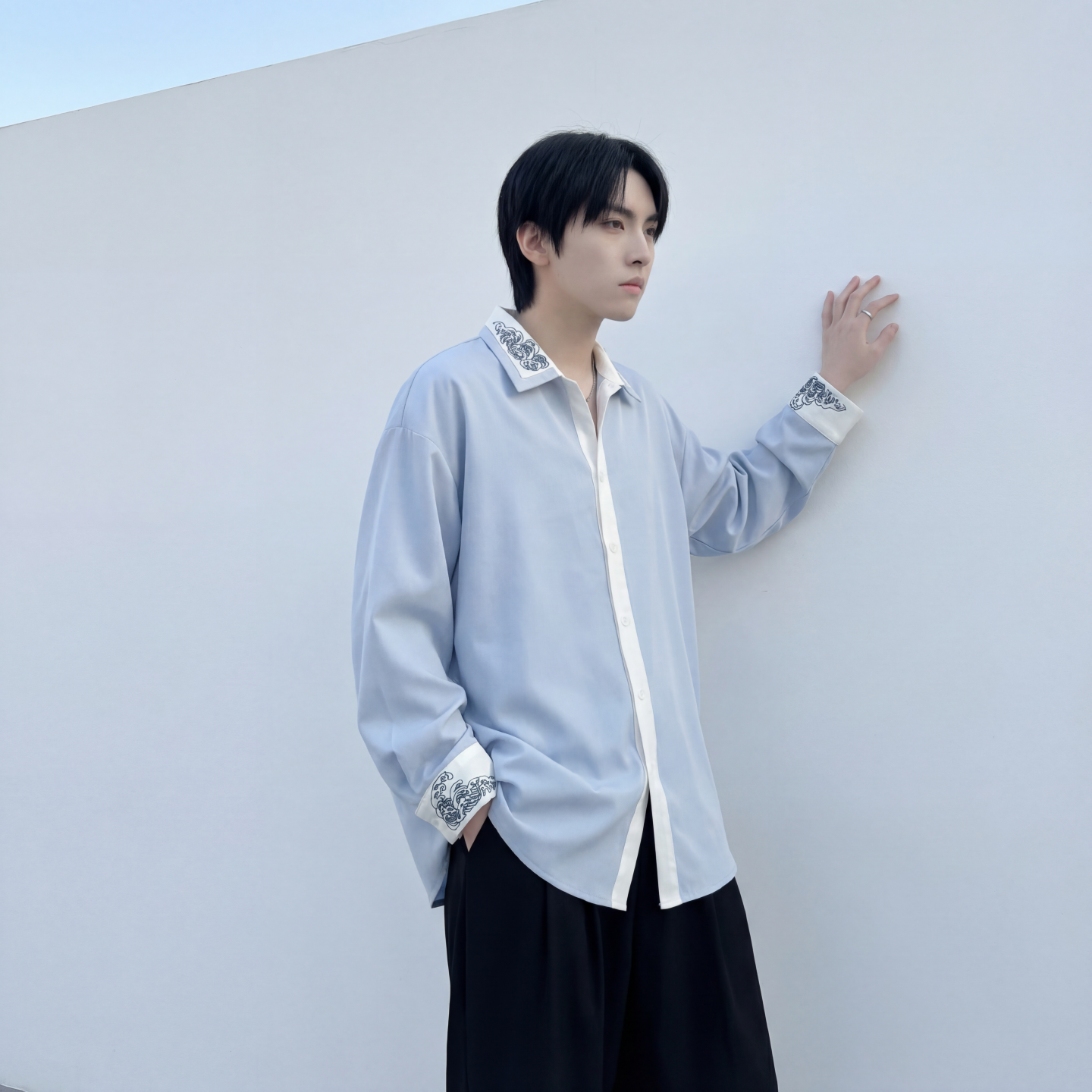 现货潮衬衫小众刺绣长袖衬衣新中式情侣外套DY877-P68，男装衬衫，星座1017