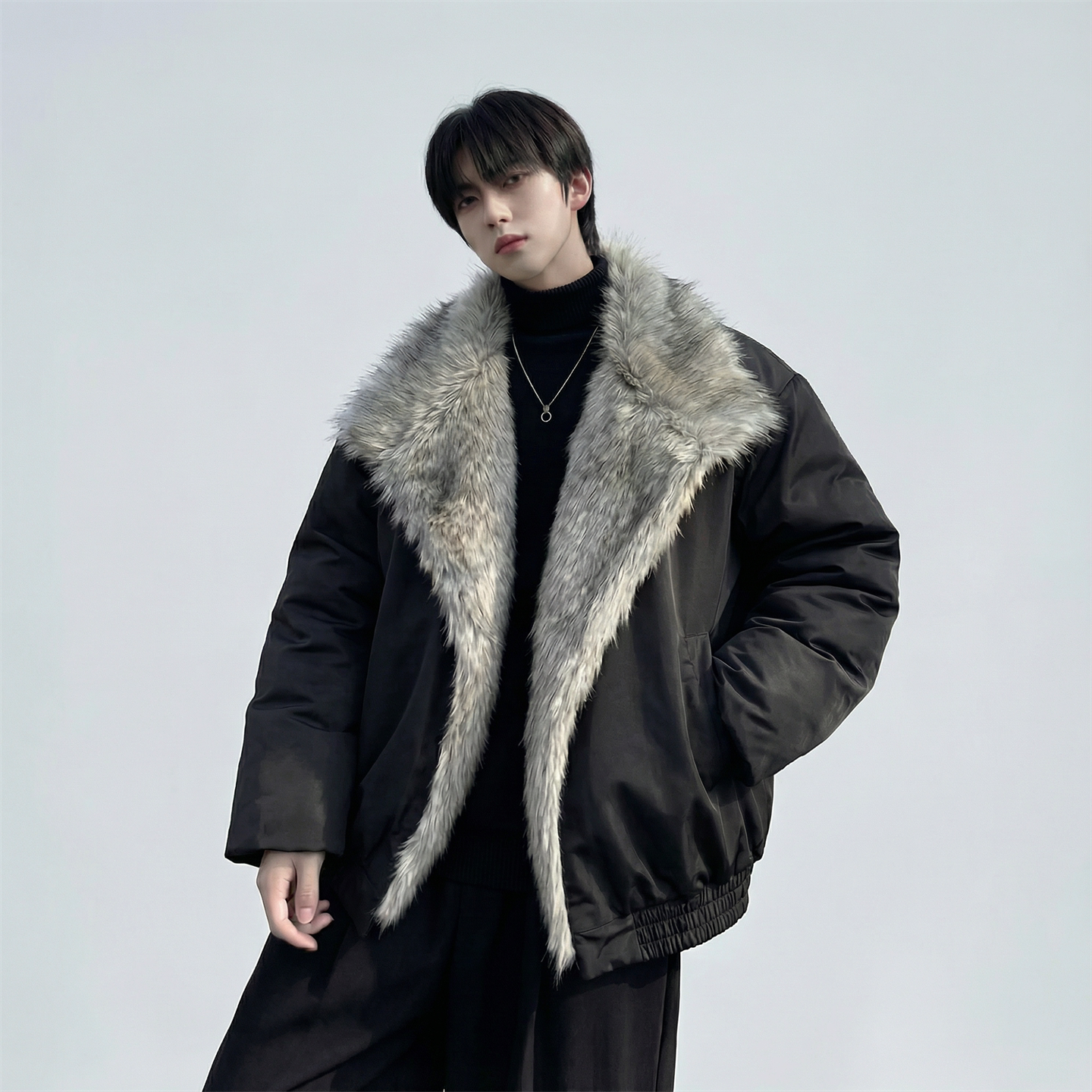 现货冬季大毛领加厚夹棉黑锻拼接棉服外套M1654-P168,男装棉衣,星座1017