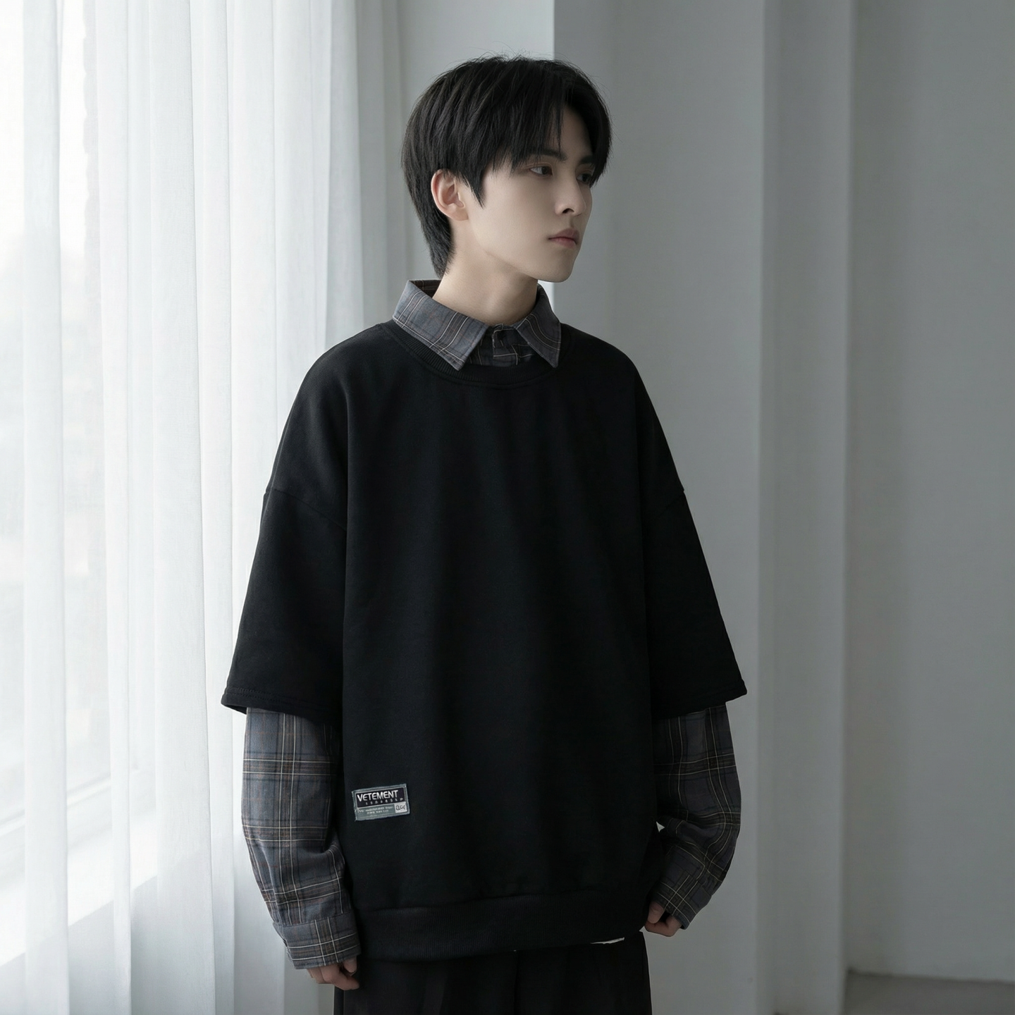 现货2026春款假两件卫衣衬衫领复古vibe格子美式外套A5613-P65,男装衬衫,星座1017