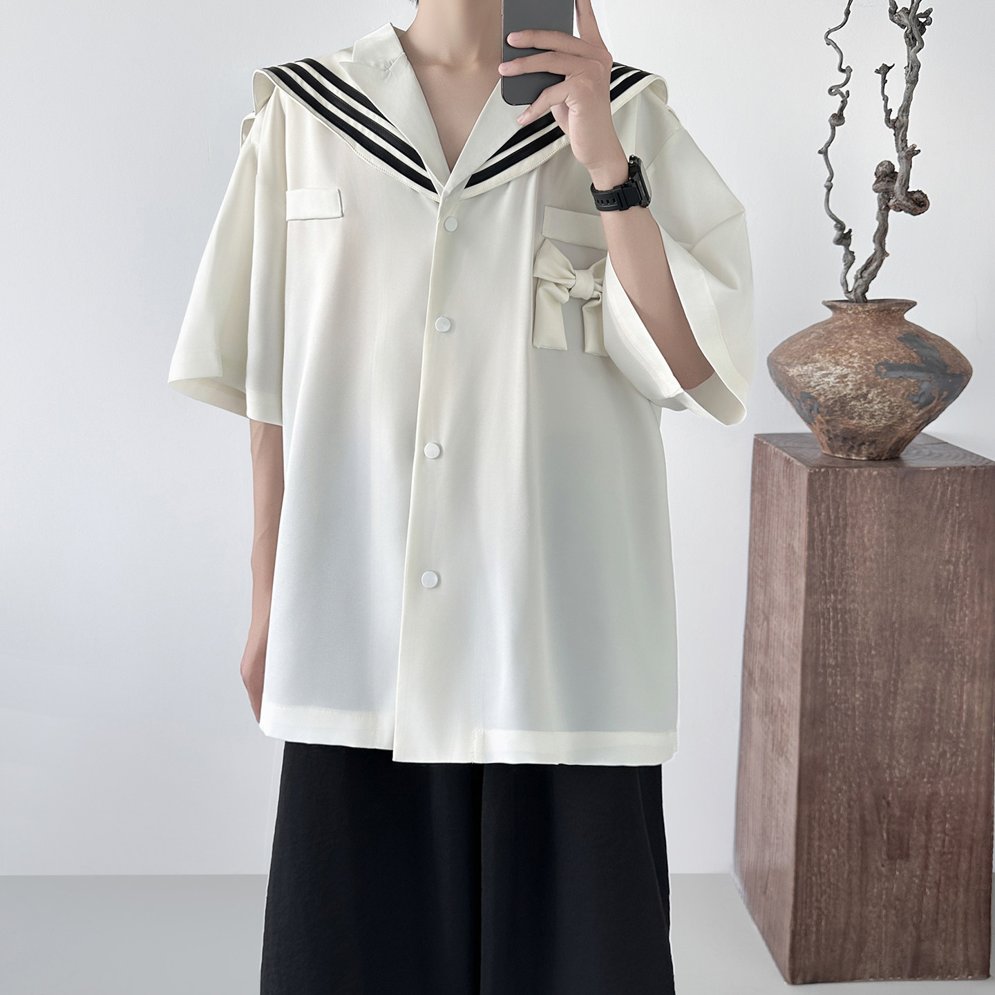 现货水手服DK学院风衬衫复古海军领皮蝴蝶结宽松男上衣D382-P58,男装衬衫,星座1017