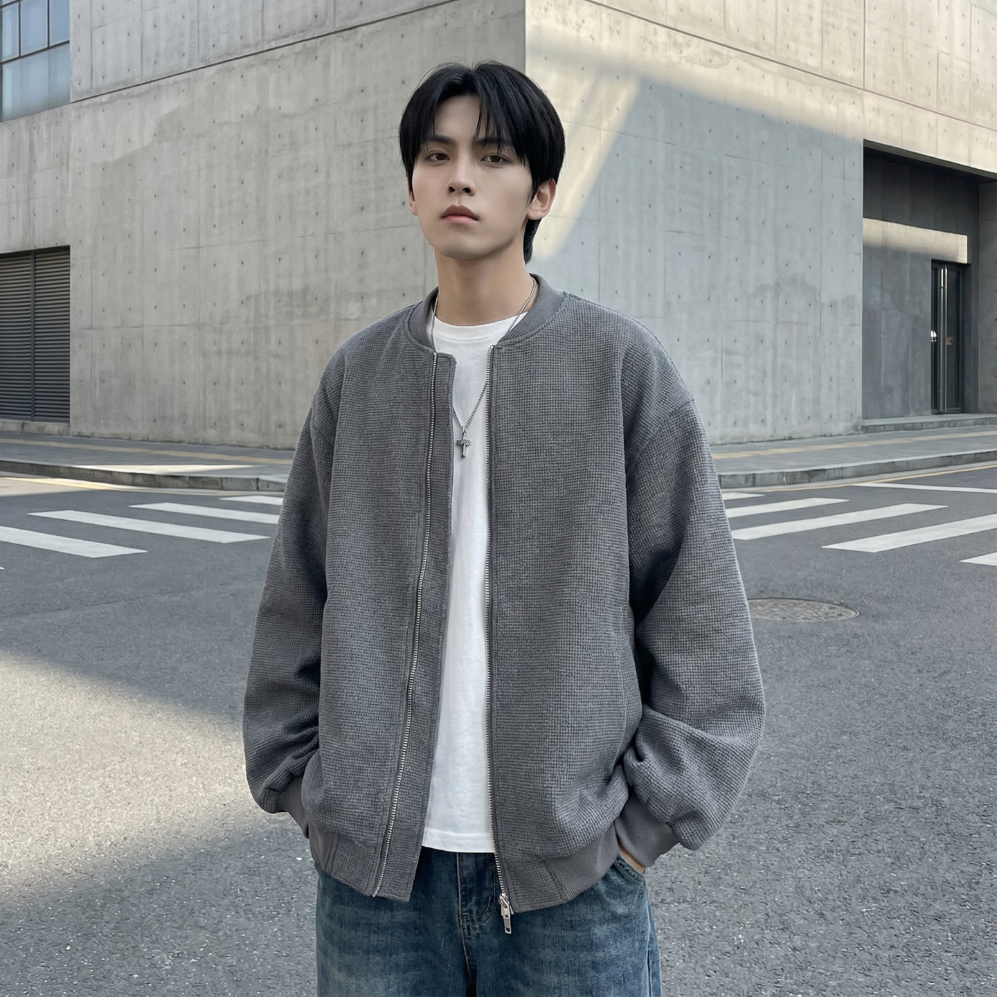 现货2026日系痞帅华夫格宽松休闲棒球立领夹克衫外套NK828-P89，男装夹克，星座1017