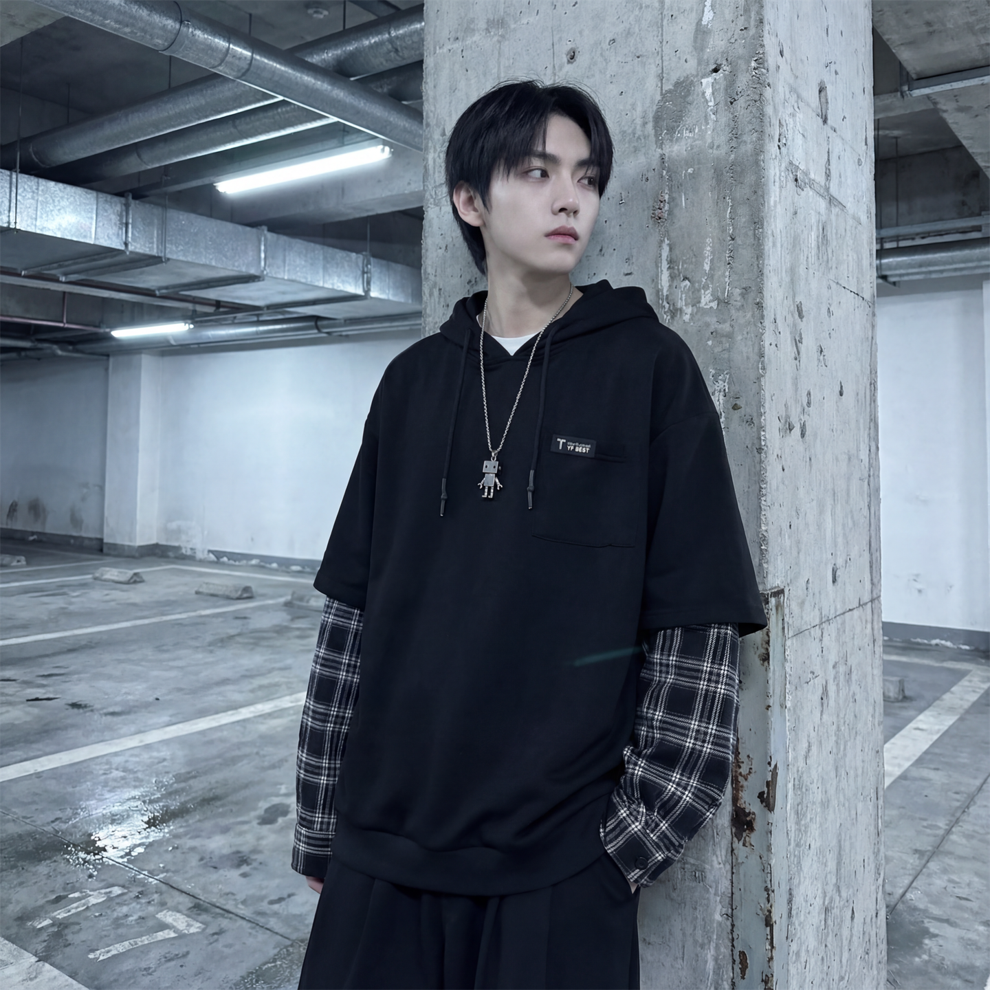 现货春季连帽卫衣男潮牌ins假两件拼接格子慵懒风W8212-P68，男装卫衣，星座1017