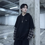 现货春季连帽卫衣男潮牌ins假两件拼接格子慵懒风W8212-P68，男装卫衣，星座1017