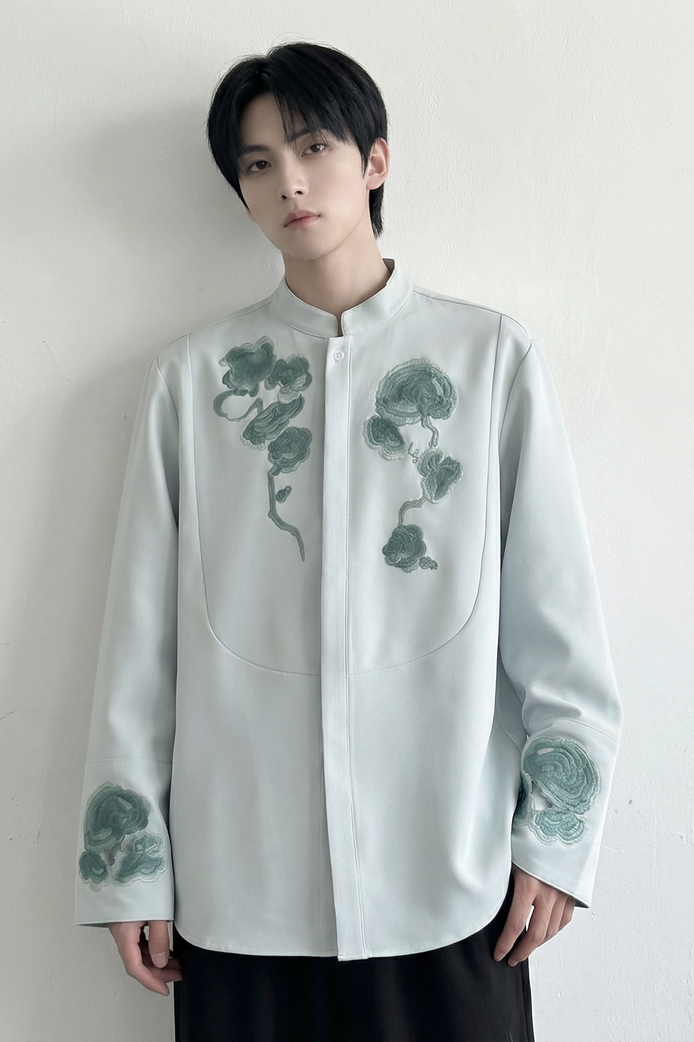 现货春款风灵芝刺绣宽松休闲立领长袖青灰色衬衣SA783-P88,男装衬衫,星座1017