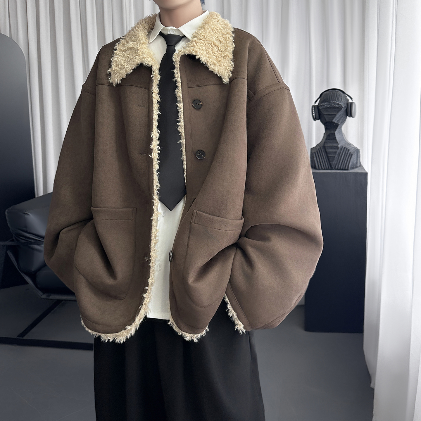 皮毛一体棉衣冬季美式潮牌麂皮绒棉服加厚保暖外套Q2097-P138，男装棉衣，星座1017