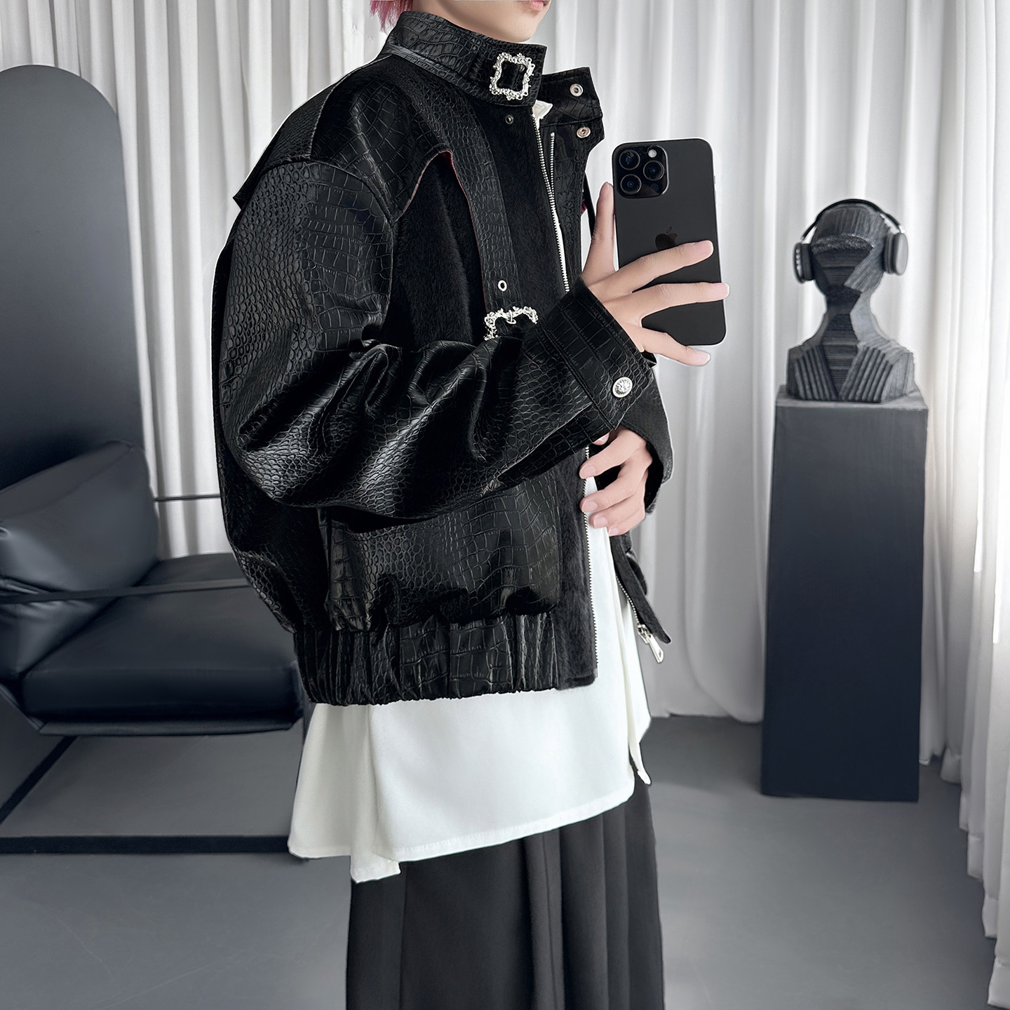 蛇纹鳞片短款夹克立领马毛拼接金属扣设计皮衣外套Y3065,男装夹克,星座1017
