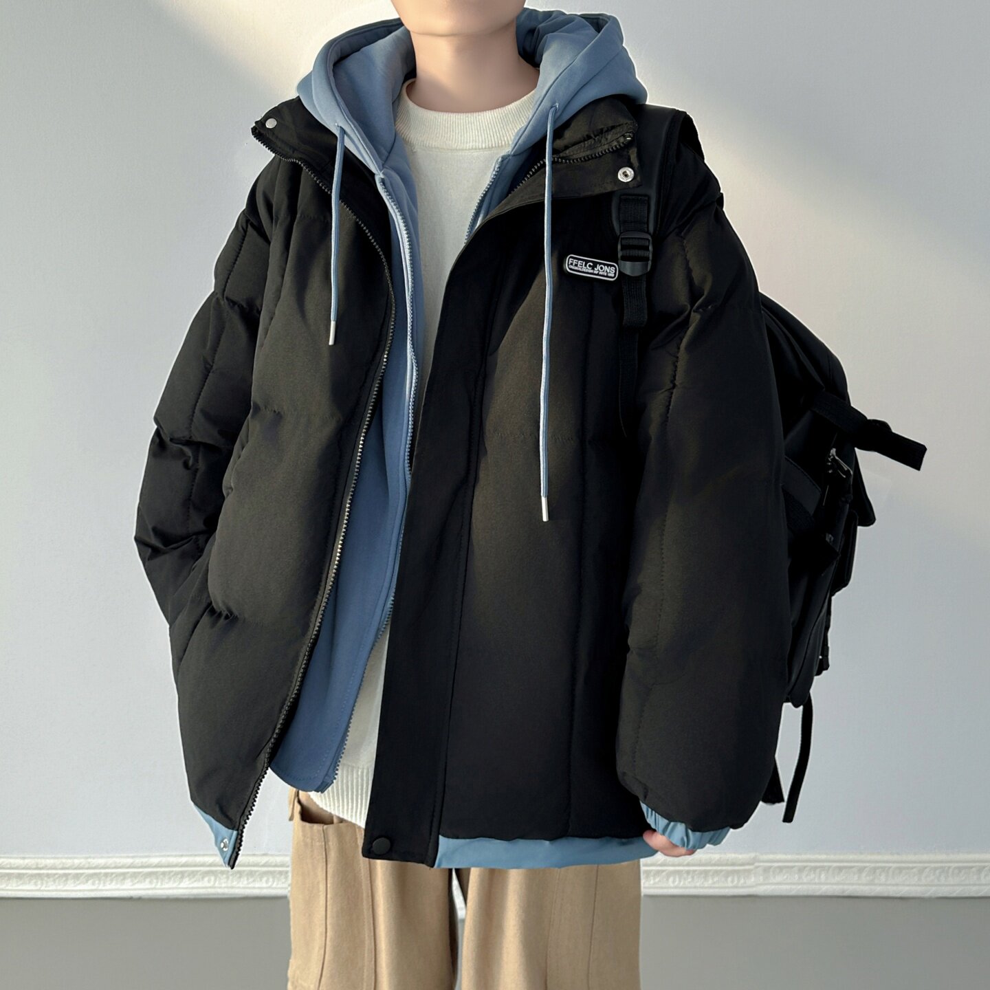 现货 冬季休闲时尚潮流假两件套连帽保暖棉服 M030-P100图片