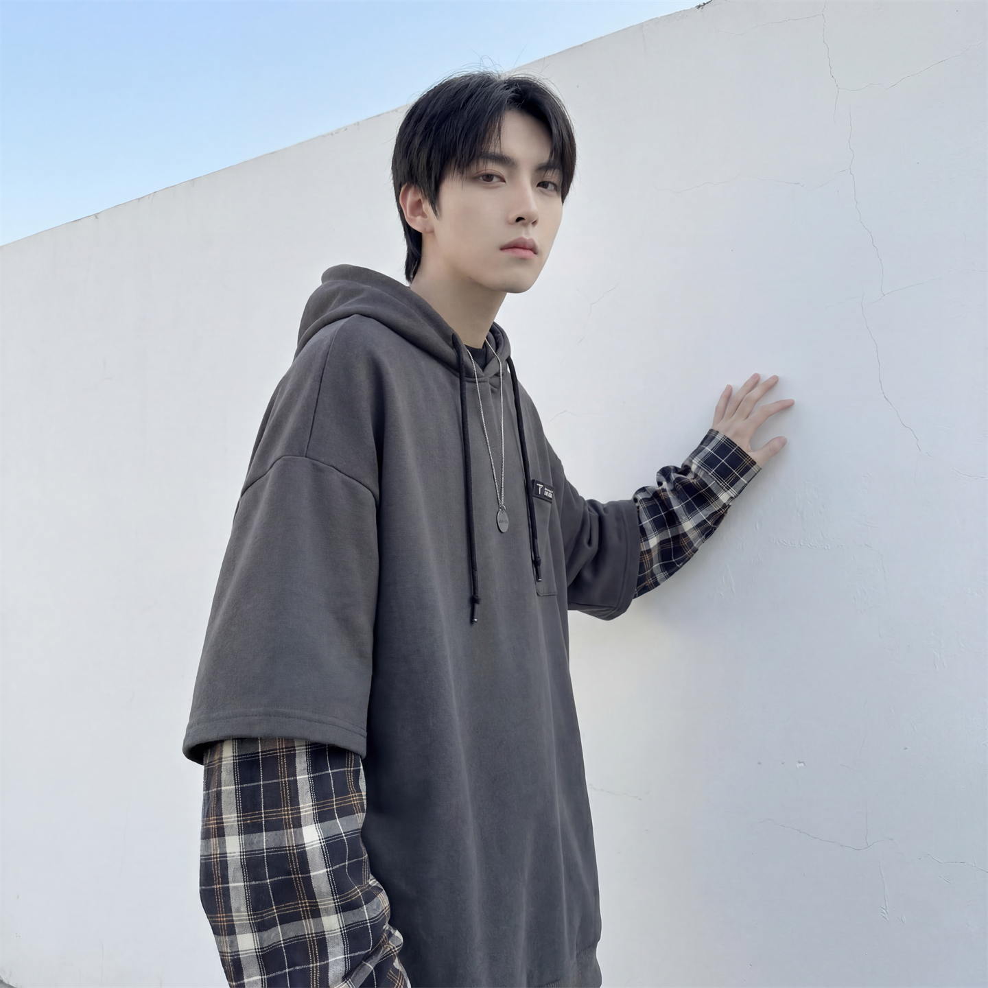 现货春季连帽卫衣男潮牌ins假两件拼接格子慵懒风W8212-P68，男装卫衣，星座1017