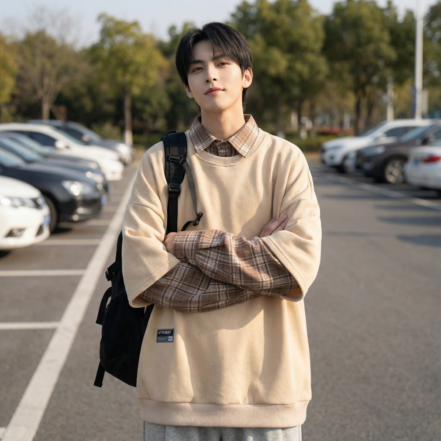 现货2026春款假两件卫衣衬衫领复古vibe格子美式外套A5613-P65，男装衬衫，星座1017