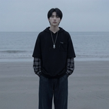 现货春季连帽卫衣男潮牌ins假两件拼接格子慵懒风W8212-P68，男装卫衣，星座1017